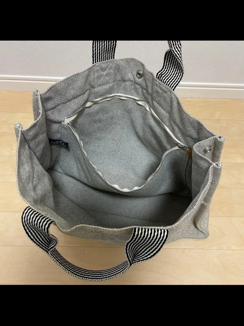 Hermes Gray Canvas Tote with Striped Web Handles